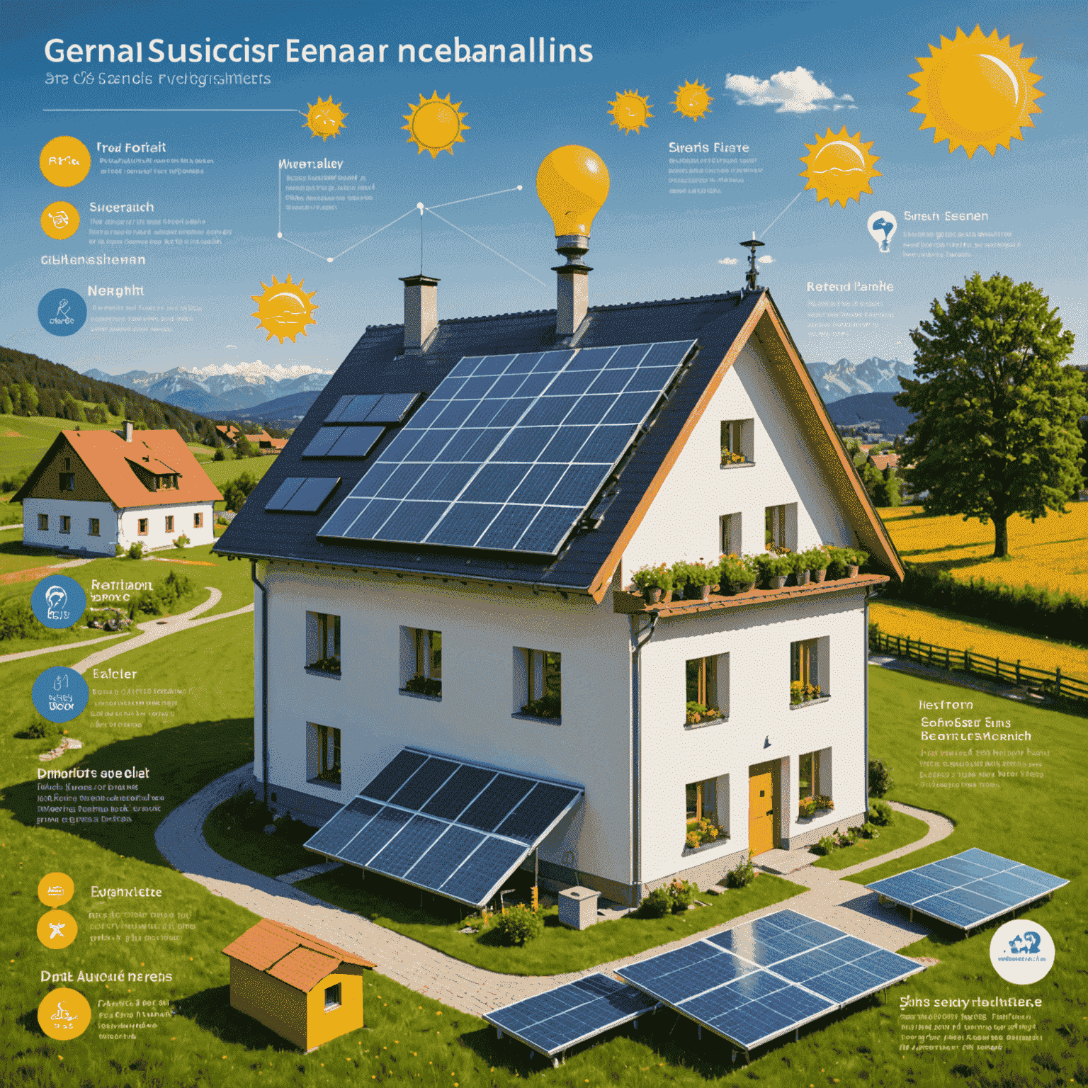 Infografik, die verschiedene deutsche Solarförderungsprogramme und Anreize zeigt, mit Icons für Geld, Häuser und Sonnenkollektoren.