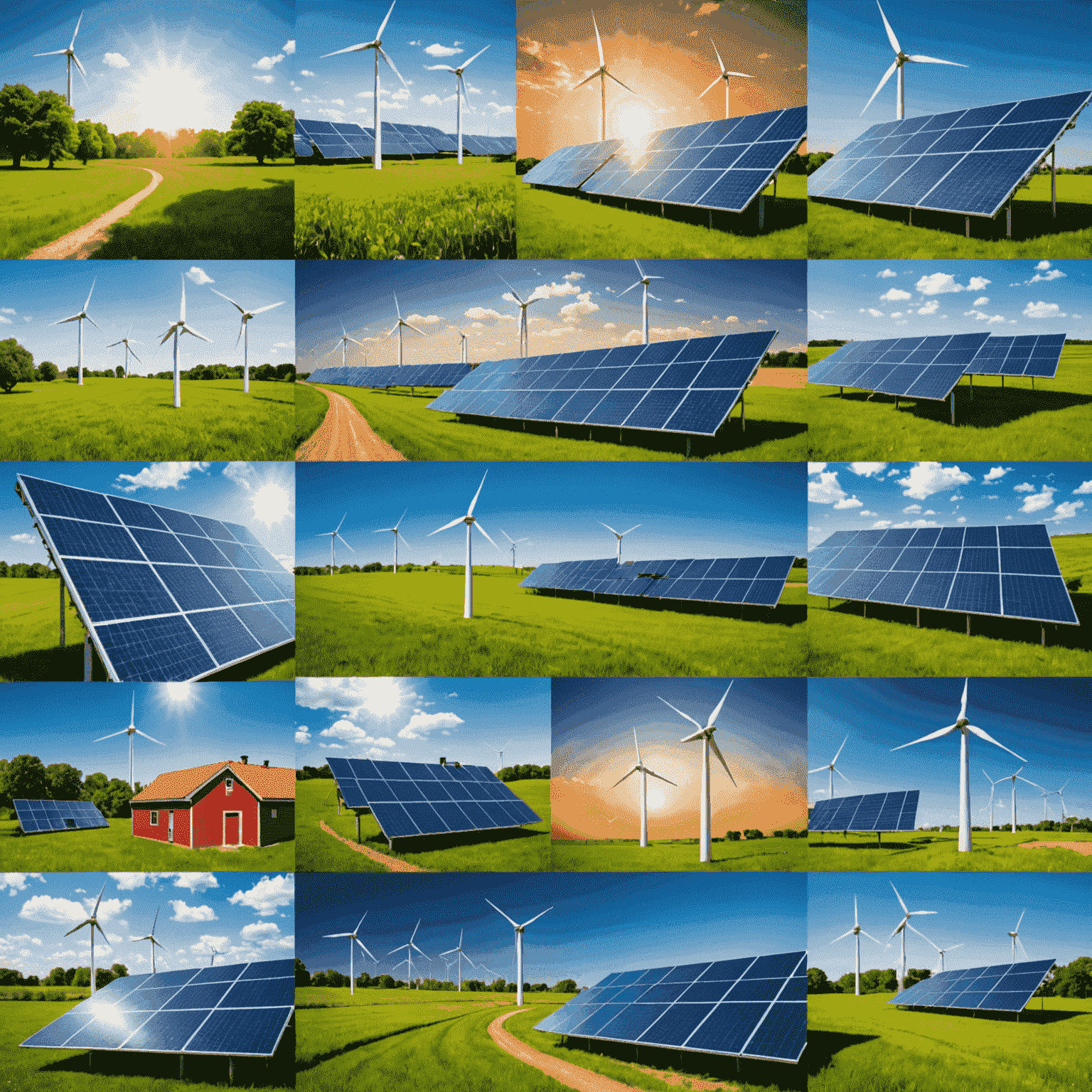 Collage von verschiedenen umweltfreundlichen Energielösungen, einschließlich Solarpanelen, Windturbinen und Energiespeichersystemen